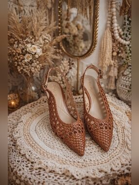 Woven Slingback Pointed-Toe Flats - Tan W10